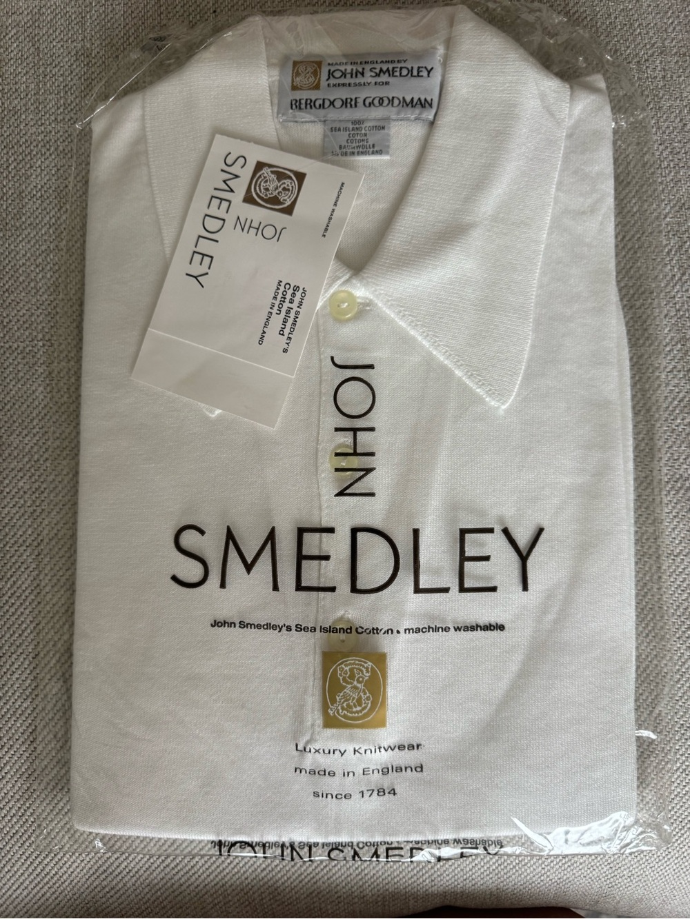 John Smedley White Long-Sleeve Polo Shirt - 100% Sea Island Cotto
